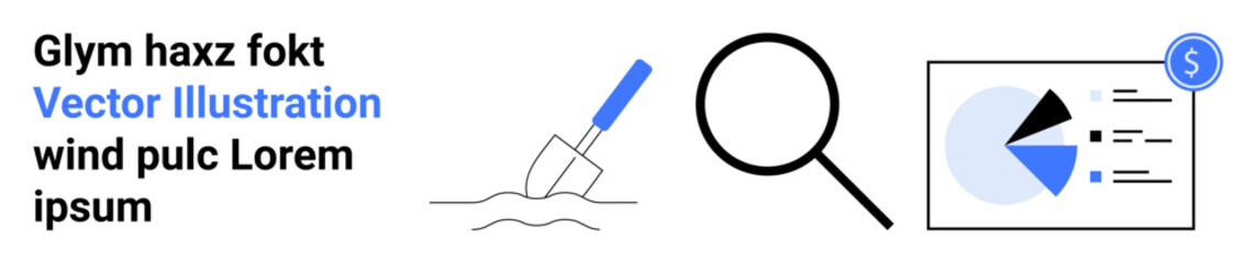 Magnifying glass, trowel shaping a surface, and a financial chart with data overview. Ideal for analysis, finance, research, construction, business strategy, data study simple landing page