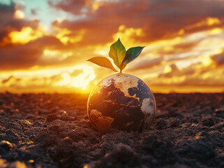 Sunrise Earth Globe Sprout New Growth, Environmental Conservation Concept