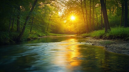 Fototapeta premium Serene Sunset River Landscape Golden Hour Peaceful Nature Scene Tranquil Forest Water Reflections Summer Evening Idyllic Green Trees Calm Riverbank 