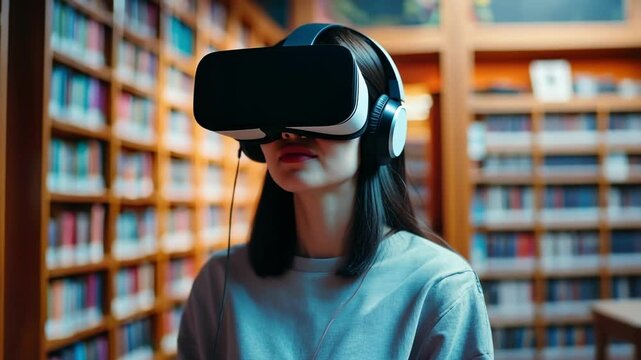 Woman wearing virtual reality headset is exploring a futuristic digital library archive in the metaverse, browsing interactive multimedia content like ebooks, videos and audio files