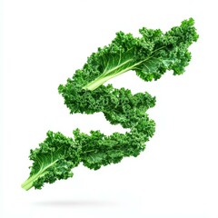 Obraz premium Fresh kale caught midair, showcasing its vibrant green leaves against a clean white backdrop. Natures beauty in motion