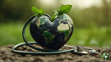 Heart Shaped Earth Globe with Seedlings and Stethoscope on Wood Against Green Backdrop