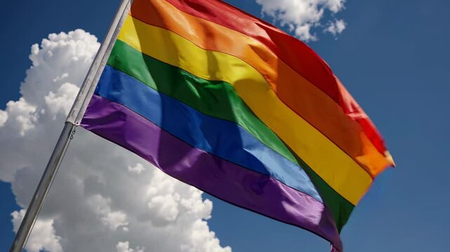 Vibrant pride flag waving against a cloudy sky in high definition