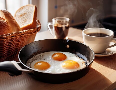 una sart&eacute;n con dos huevos fritos calientes junto a una taza de vidrio de caf&eacute; caliente y humeante, una variadad de panes en un canasto, en una cocina calida y luminosa