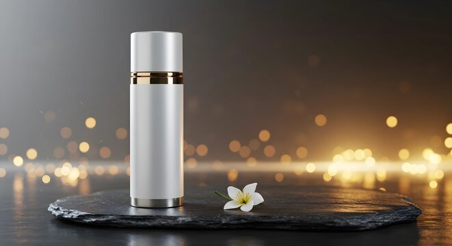 Fototapeta Luxury skincare product photography white bottle with flower on black stone