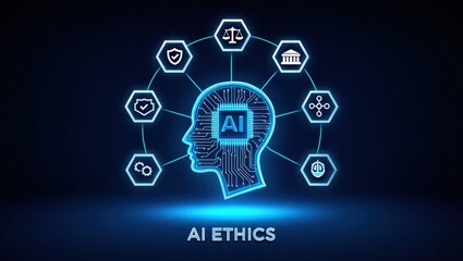 Human silhouette hologram with brain and chip, AI ethics and business policy