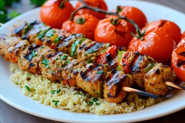 Tender grilled kebabs made from seasoned meat rest on a bed of fluffy bulgur wheat, accompanied by perfectly roasted cherry tomatoes, creating a delicious meal