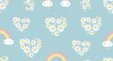 Pastel Rainbow Daisies Heart Pattern Cute Daisy Heart Rainbow Illustration Whimsical Daisy Heart Seamless Design Charming Floral Rainbow Pattern Design Sweet Daisy Heart Blue Sky Background