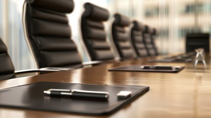 Sleek conference room table adorned with modern objects, blurring the busy workplace atmosphere. Perfect for meetings