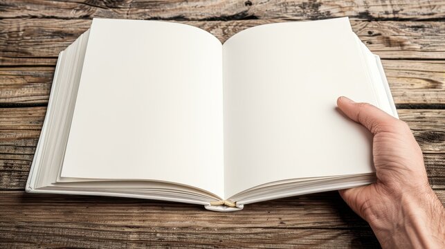 A hand holds an empty notebook, inviting creativity and personalization for notes, drawings, or plans.
