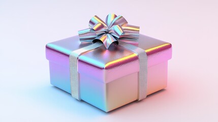Obraz premium Elegant silver gift box with a shimmering ribbon and bow. A touch of luxury on a soft pink backdrop