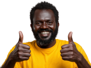 Happy man giving thumbs up gesture, smiling joyfully, wearing yellow t-shirt, showcasing positivity and confidence, perfect for celebration themes and events.