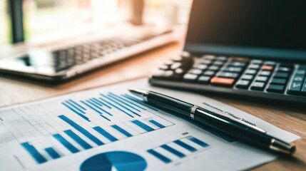 Business documents with graphs, charts, and financial reports on a desk.