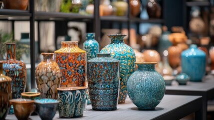 Colorful pottery collection in artisan market stall