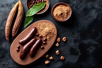 Cacao beans and chocolate bars are displayed on a rustic wooden board alongside bowls of cocoa powder and fresh leaves. This arrangement showcases the ingredients of chocolate-making