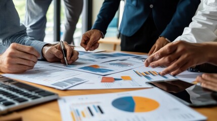 Business team collaborating on charts and graphs at a meeting.  Close-up view of hands working on financial documents.