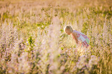 Smiling Girl in Pink Floral Dress in Blooming Meadow