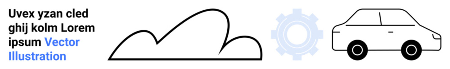 Black outline car, cloud, and faint gearwheel in blue. Ideal for automation, mobility, innovation, sustainability, eco-tech, technical processes and simple landing page