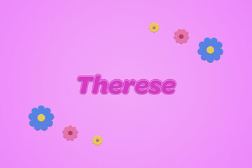Therese female girl name illustration in pink with blossoms, flowers