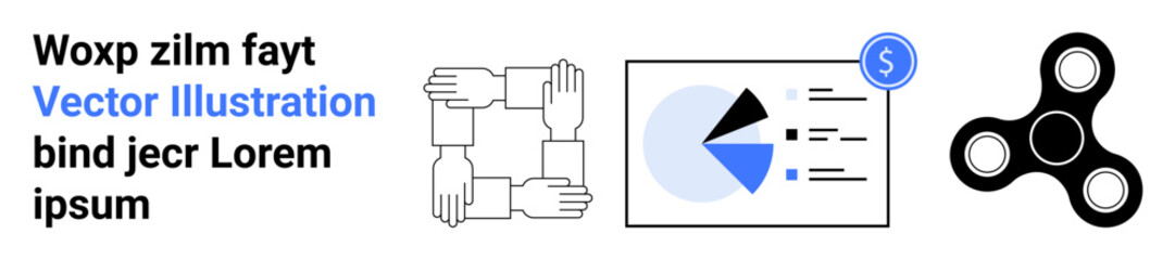 Four interconnected hands signify teamwork, pie chart with dollar icon represents finance and analytics, spinner symbolizes focus or activity. Ideal for business, cooperation, analytics, finance