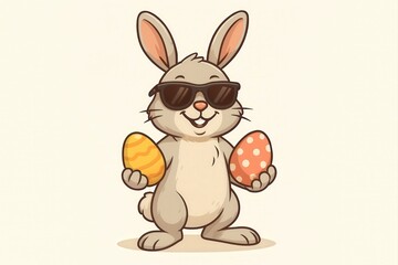 Cool Easter Rabbit Wearing Sunglasses Holding Colorful Easter Eggs Illustration for Holiday Greeting Card or Poster Design with Fun and Playful Theme