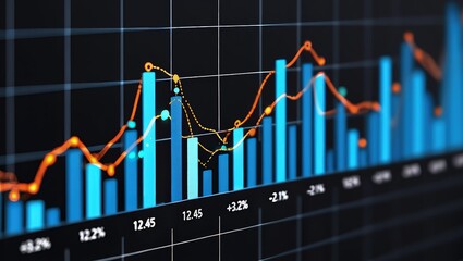 Financial graph with bar charts and trend lines on dark background. 3D Rendering