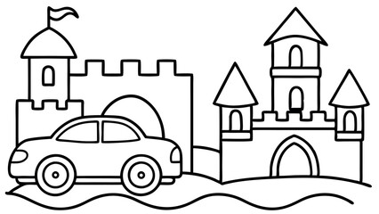 fairy tale castle with car, Vector illustration coloring page for kids