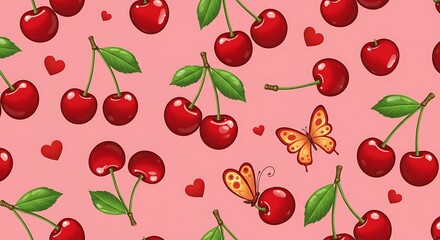 Sweet Cherry Delight Pink Hearts Butterflies AI Generated