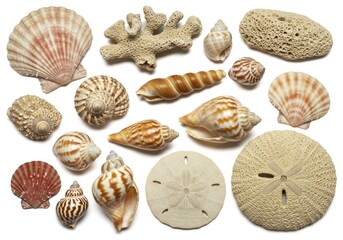 Seashells collection diverse marine textures isolated white background