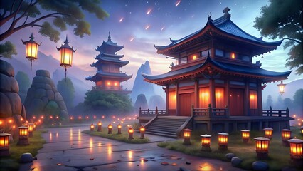 a peaceful japanese temple at dawn soft glow Lo-fi Vibes Lo-fi song wallpaper, 4K background