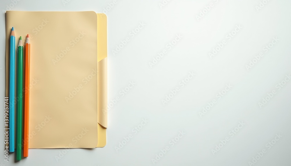 Poster office folder with colored pencils on a minimalist background