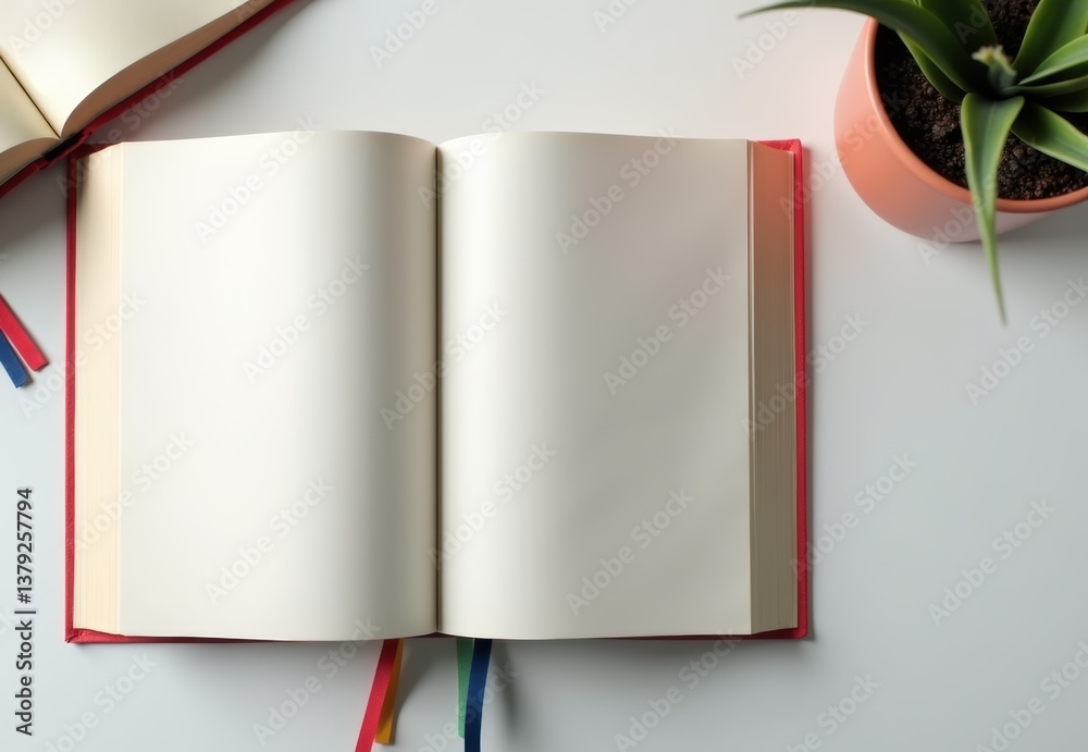Poster open blank book on a table with a potted plant