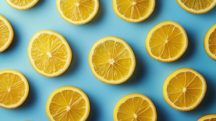 Flat lay of lemon slices on vibrant blue background