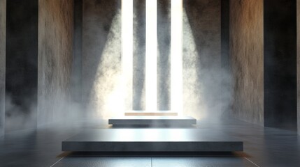 Minimal altar with rays of divine light in temple space