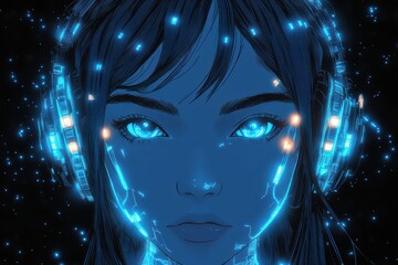 A cyberpunk anime girl is depicted, holding a cup of tea. The scene is futuristic with neon lights and urban elements in the backdrop.