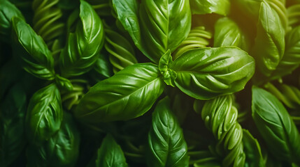 Fresh basil leaves close-up, food background