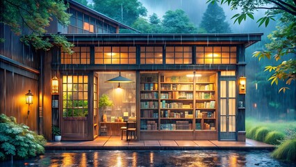 a tiny japanese bookstore rain tapping against Lo-fi Vibes Lo-fi song wallpaper, 4K background