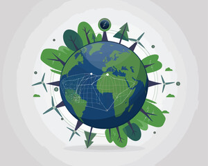 illustration poster design green Earth with trees, windmills, and a focus on sustainability and Eco-friendly travel using GPS technology. 

