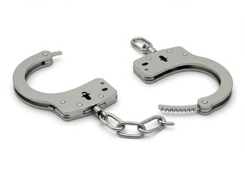 Obraz premium A pair of open metal handcuffs connected by a chain laying on a white surface in a studio shot