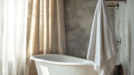 Elegant White Bathroom Towel Hanging Near Freestanding Tub Beige Curtains Modern Spa Relaxation Clean Minimalist Interior Design Home Decor Luxurious 