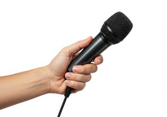 Hand holding a microphone in a dynamic pose with studio lighting on a white background