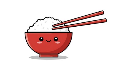 Adorable Kawaii Rice Bowl Illustration Red And White Cartoon Food AI Generated