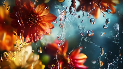 Macro floral scene with water splashes and vivid colors