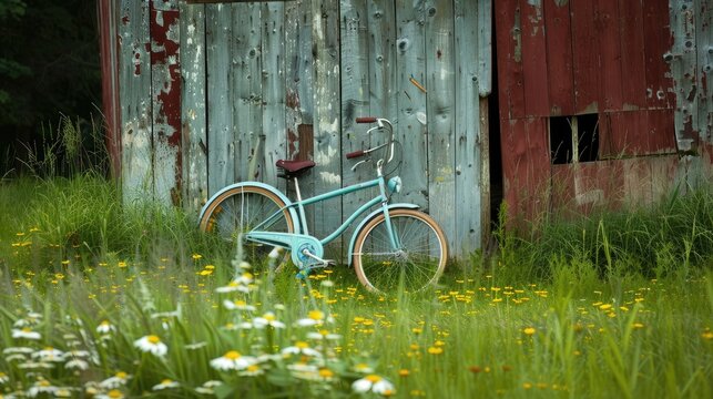 A vintage bicycle leaning against a rustic barn surrounded by tall grass and wildflowers - Powered by Adobe