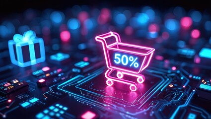Neon glow shopping cart shows 50 discount on digital futuristic background. Gift box icon appears on digital surface. Online purchase concept. Techy sale promotion. Digital marketing app website