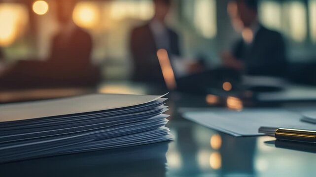 Professional business meeting with document stack resting on glass table, blurred executives discussing collaboration and negotiation in corporate workplace