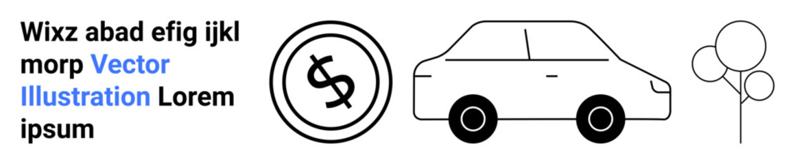 Dollar coin alongside a car and trees emphasizing financial planning, eco-consciousness, and transport. Ideal for savings, investment, green energy, urban planning, climate impact, mobility abstract