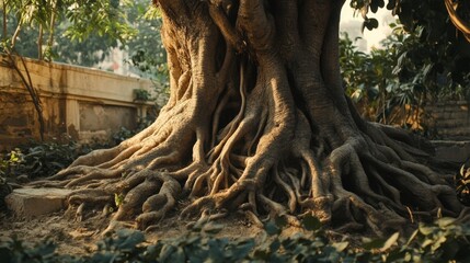 Fototapeta premium Majestic Old Tree with Intricate Roots Surrounded by Greenery