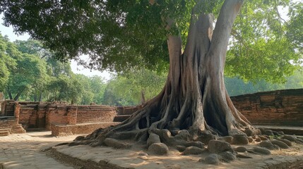 Obraz premium Majestic Tree with Expansive Roots and Ancient Ruins in Background