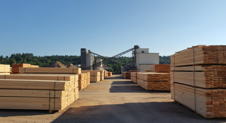 Fototapeta premium Scierie avec grues et bois empilé